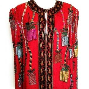 Laurence Kazar Beaded Red Silk Formal Jacket